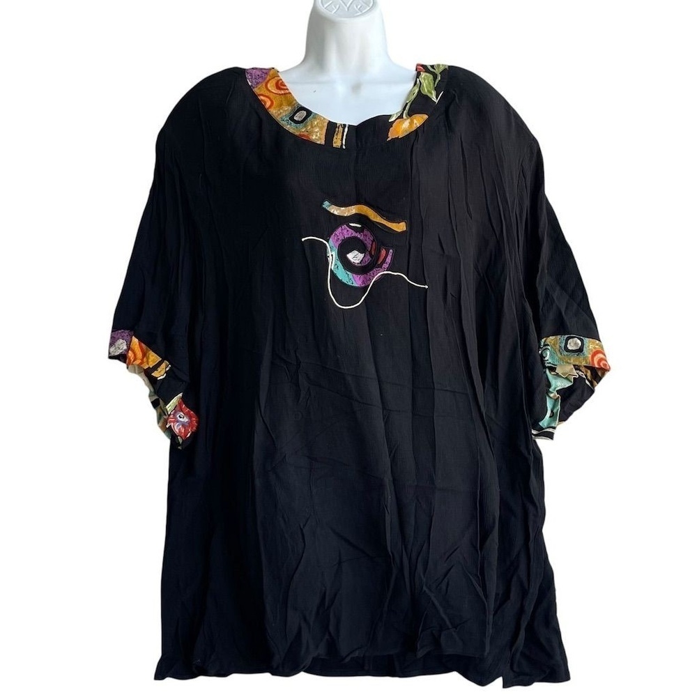 Vtg LIDA CAPUTO Black Boho Top Womens Plus 5X Black Printed Rayon Blouse USA